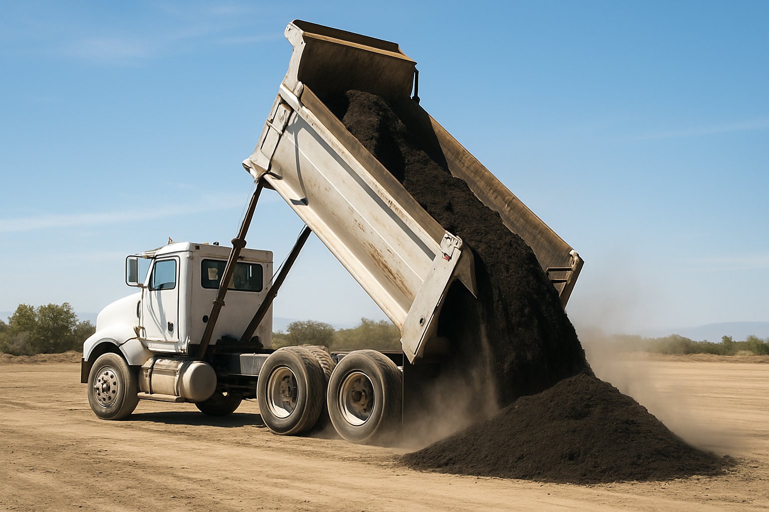 Dump truck bed tipped up unloading dark soil at a work site