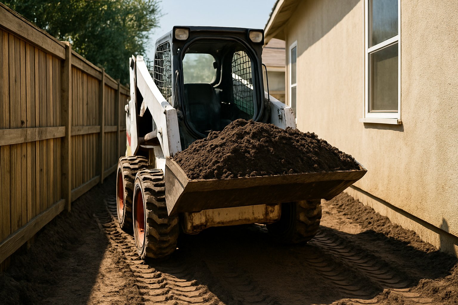 Compact skid steer moving a bucket of soil in a tight backyard