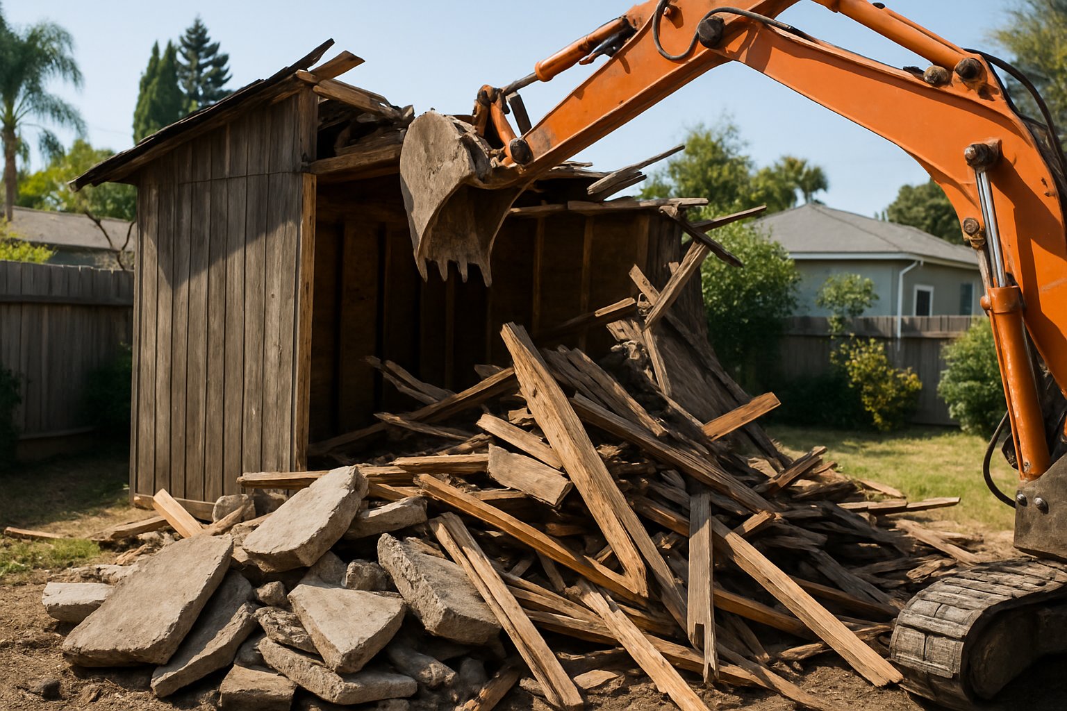 Small structure being demolished with broken concrete and an excavator arm
