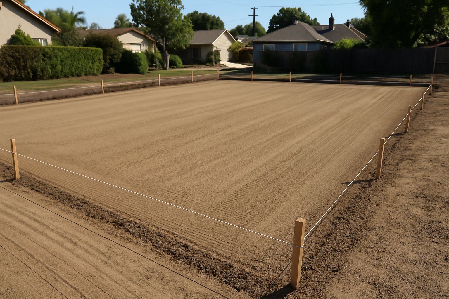 Perfectly smooth graded dirt pad with string lines ready for concrete