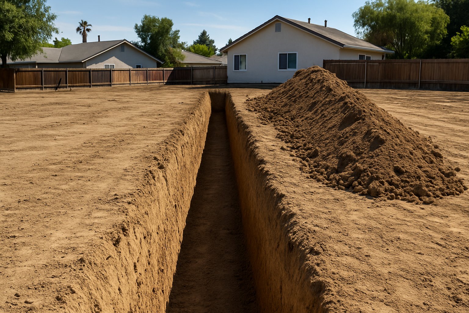 Clean straight trench cut through dirt with even vertical walls