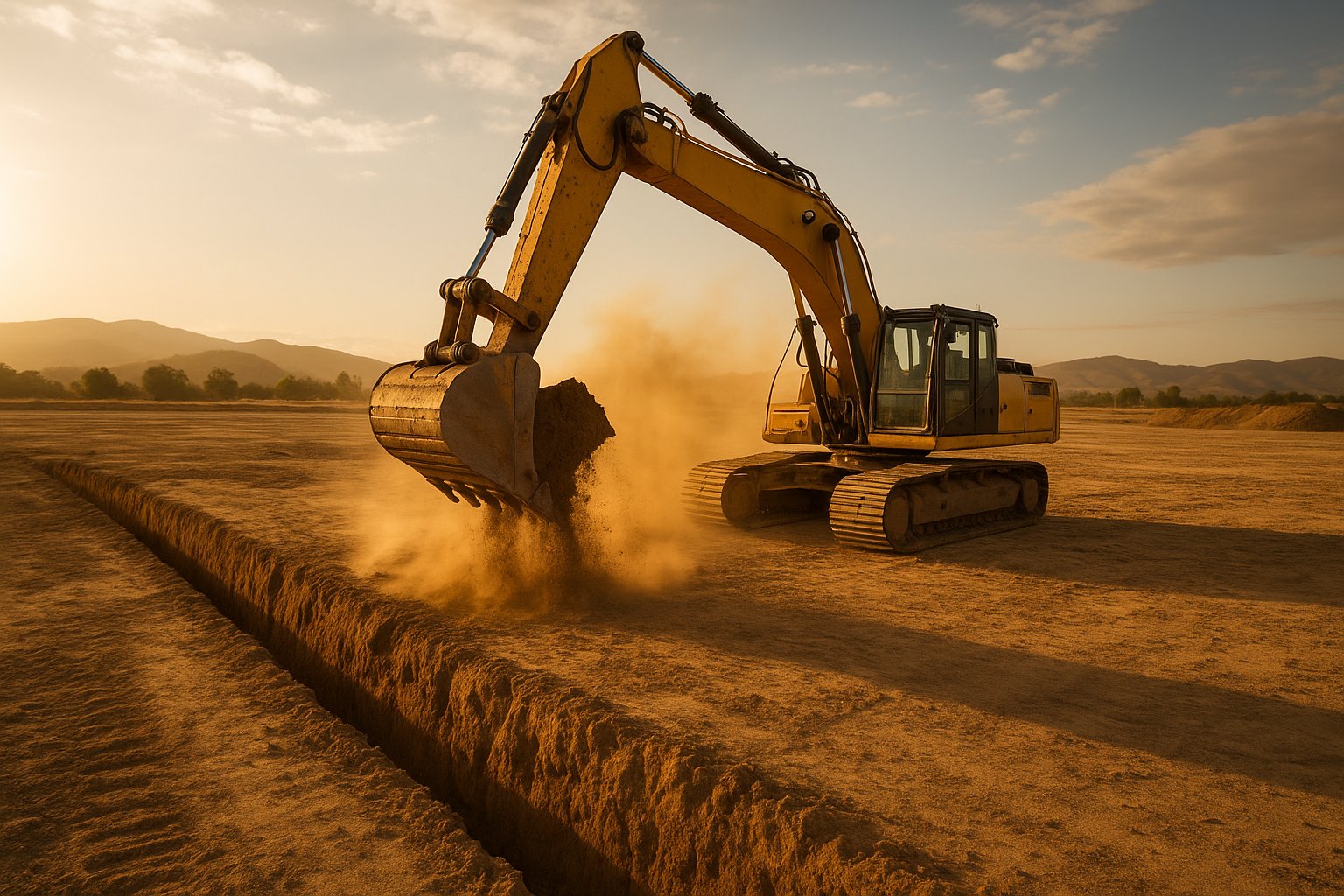 Yellow excavator digging on an open California dirt lot with a freshly cut trench